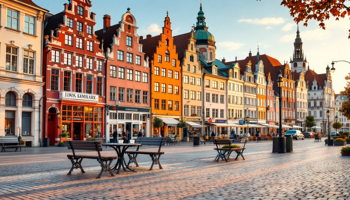 Danzig Altstadt beste Reisezeit: Backsteinhäuser am Langen Markt im Morgenlicht