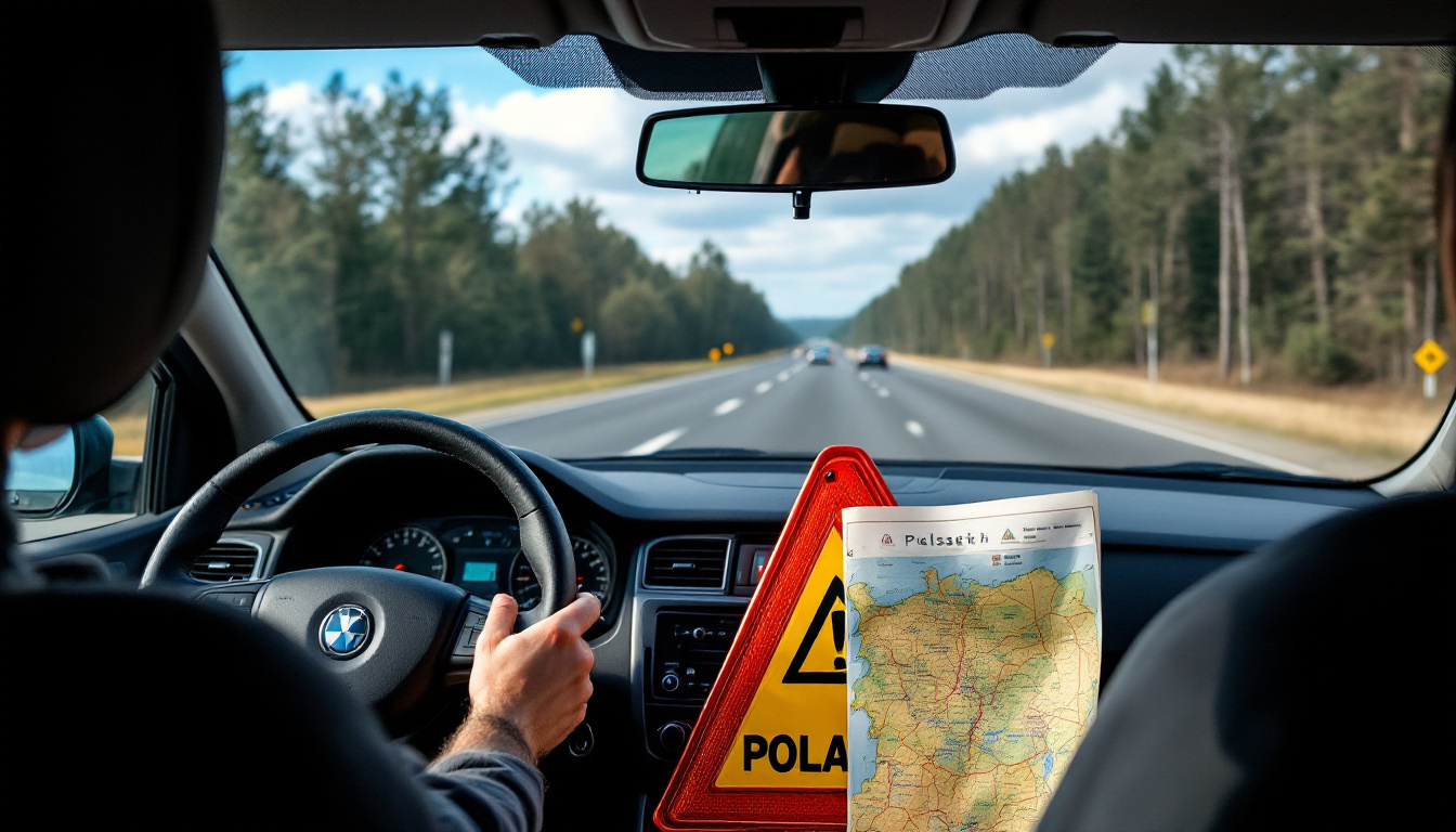 Auto mit Warndreieck und Karte – mit dem Auto nach Polen was beachten