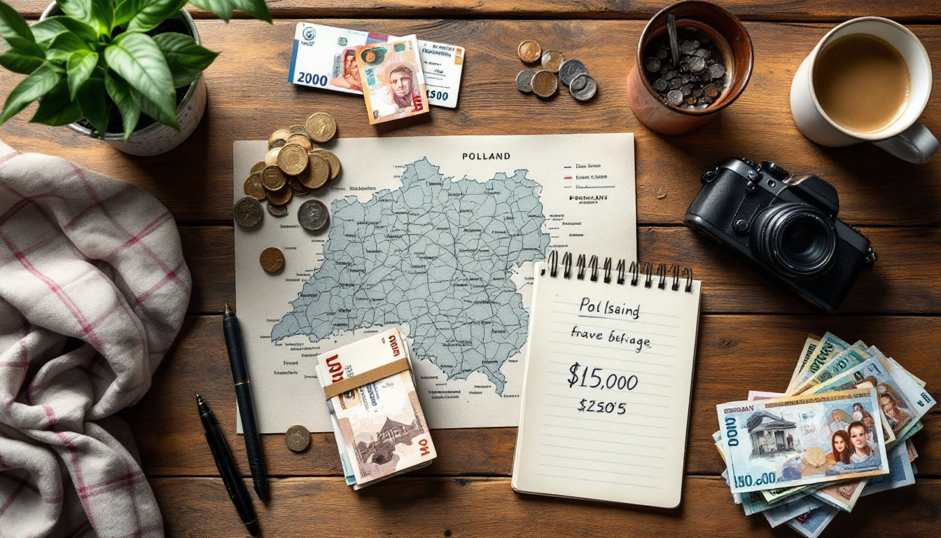 Reiseplanung mit Karte, Złoty und Notizbuch zum Thema Polen Reisekosten pro Tag Budget