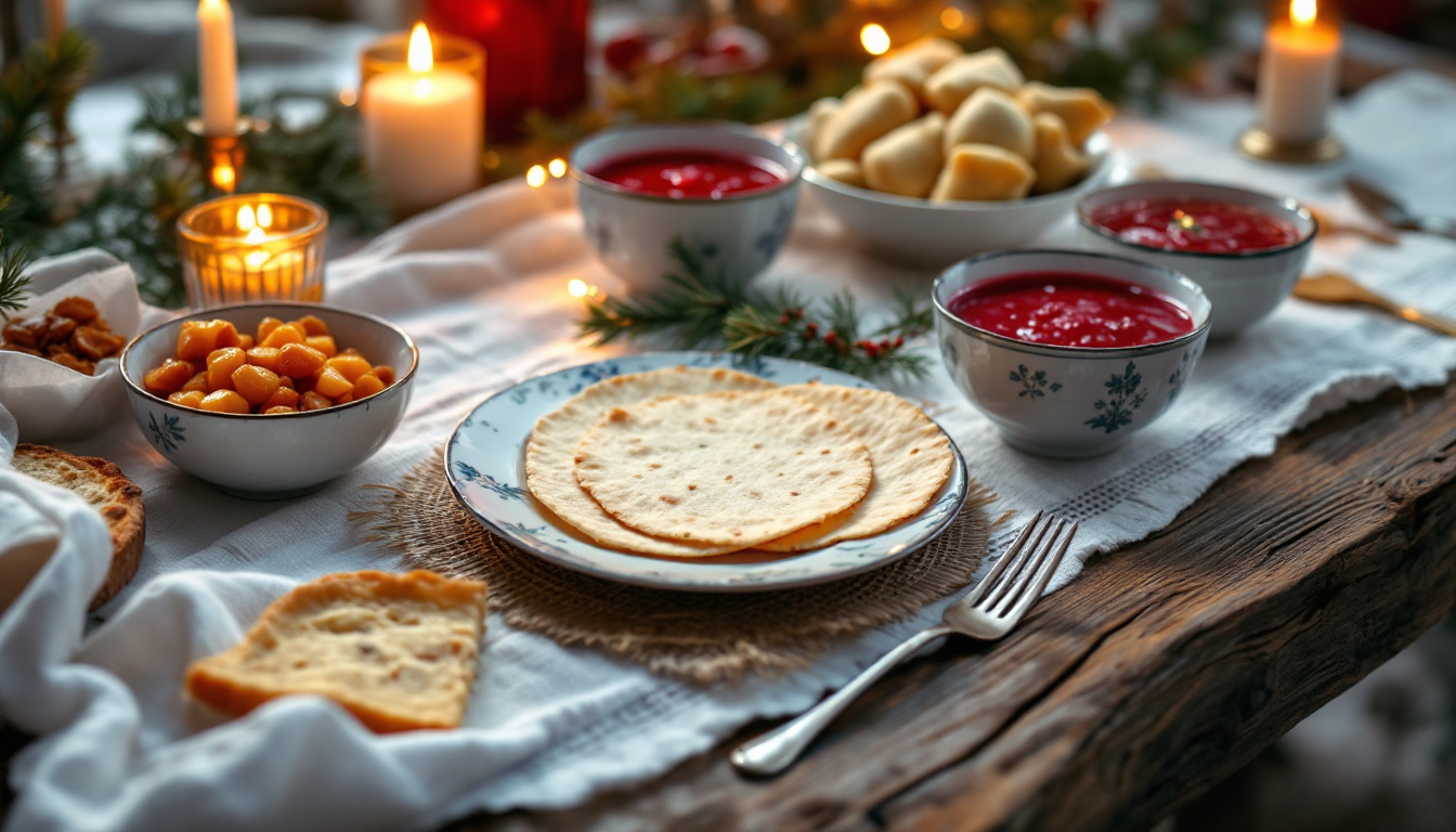 Festlich gedeckter Tisch mit Oblate und Speisen als Symbol für polnische Traditionen zu Weihnachten und ihre Bräuche