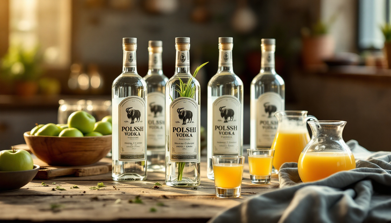 Verschiedene Sorten polnischer Wodka zum Kaufen auf einem Holztisch mit Gläsern