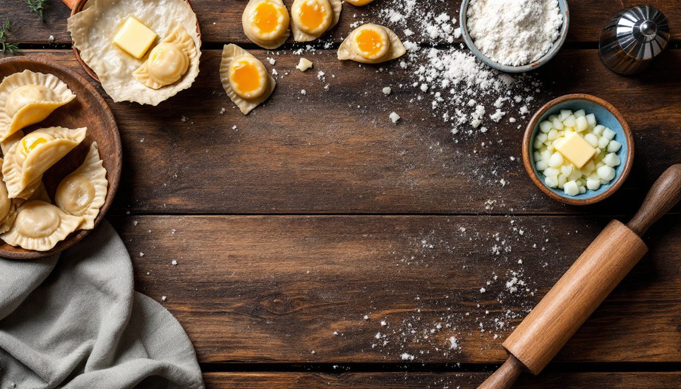 Typisch polnisches Essen Pierogi Rezept: frisch gekochte gefüllte Teigtaschen mit Butter auf Holztisch